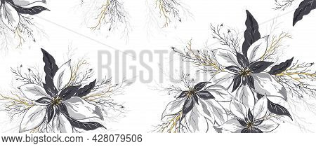 Winter Pattern Of Poinsettia Flowers. Hand-drawn Bouquets In A Realistic Style, Close-up. Modern Des