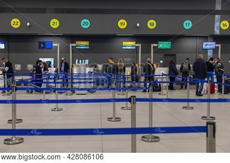 Thessaloniki, Greece - April 23, 2021. New Terminal of Thessaloniki Makedonia International Airport 