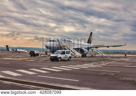 Plane Of The German Company Lufthansa Parked In Thessaloniki International Airport