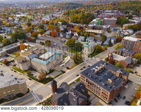 Aerial view of Worcester Art Museum at 55 Salisbury Street and downtown Worcester skyline at the background in fall in Massachusetts MA, USA.