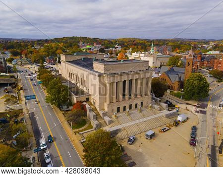 Worcester Memorial Auditorium aerial view at 1 Lincoln Square at Highland Street in downtown of Worcester, Massachusetts MA, USA.