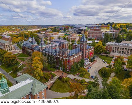 O\'Kane Hall aerial view in College of the Holy Cross with fall foliage in city of Worcester, Massachusetts MA, USA.