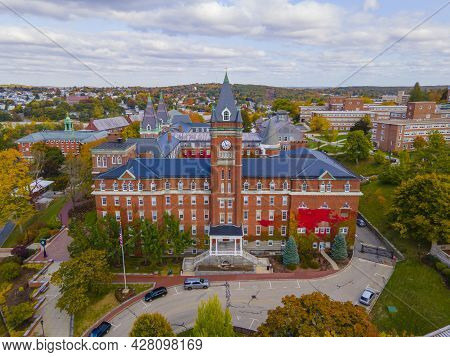 O\'Kane Hall aerial view in College of the Holy Cross with fall foliage in city of Worcester, Massachusetts MA, USA.