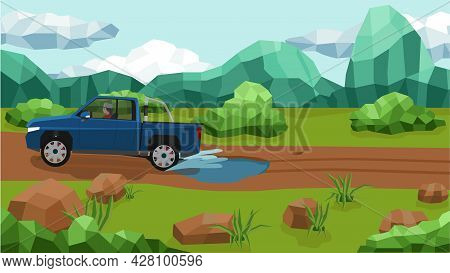 Vast Grassland And Mountain Terrain Made Of Polygon With Cut By Soil Roads And Puddle. Pick-up Or Tr