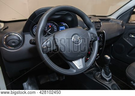 Novosibirsk, Russia - July 21 , 2021:  Nissan Terrano, Steering Wheel With  Logo    And  Speedometer