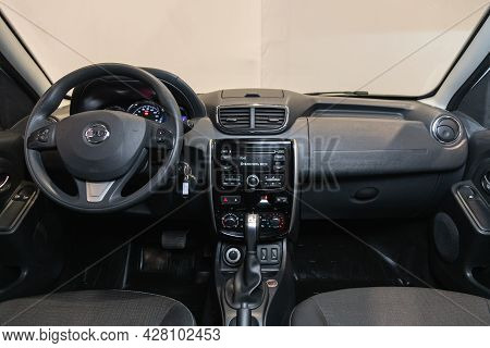 Novosibirsk, Russia - July 21 , 2021:  Nissan Terrano, Steering Wheel, Shift Lever, Multimedia  Syst