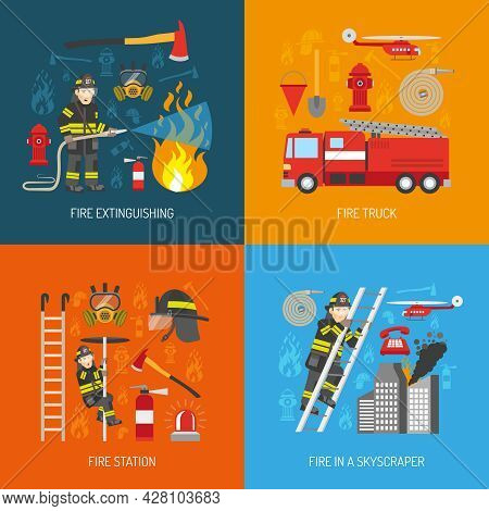 Firefighters Work Concept 4 Flat Icons Square Composition Banner With Fire Station Equipment Abstrac