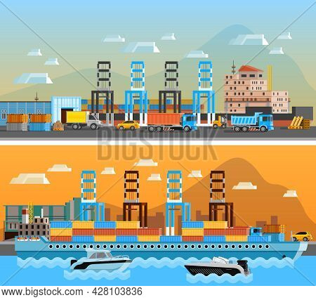 Two Freight Port Horizontal Banners With Dry Cargo Ship At Shipyard And Port Of Loading And Unloadin