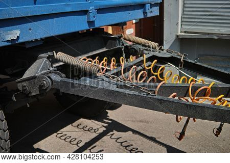 Compressed Air Hose On A Truck And Trailer Connection, Outdoor Shot