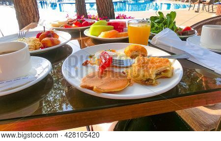 Food On The Shelves In The Self-service Buffet With All Inclusive In Turkey At Abstract Hotel Or Res