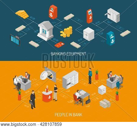 Bank Isometric Concept. Bank Horizontal Banners. Bank Vector Illustration. Bank Set. Bank Design Sym