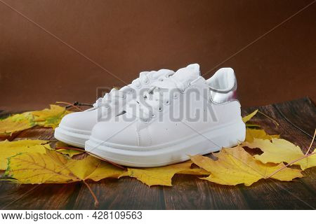 White Sneakers Lawn With Brught Autumn Leaves, Autumn Mood Concept, Flay Lay, Closeup