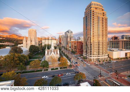 Salt Lake City, Utah, USA downtown cityscape over Temple Square at dusk.