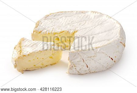 Fresh Camembert Cheese With Sliced Camembert Isolated. Camembert Cheese Piece On White Background.