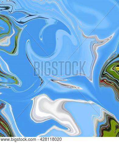 Abstract Bright Fluid Blue Background With White And Green. Art Trippy Digital Backdrop. Curved Shap