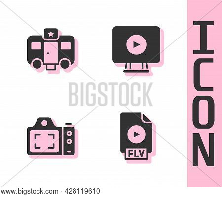 Set Flv File Document, Actor Trailer, Photo Camera And Online Play Video Icon. Vector