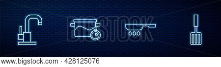Set Line Frying Pan, Water Tap, Cooking Pot And Barbecue Spatula. Glowing Neon Icon On Brick Wall. V