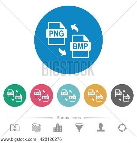 Png Bmp File Conversion Flat White Icons On Round Color Backgrounds. 6 Bonus Icons Included.