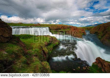 Reykjafoss Waterfall Located Near Varmahlid In Iceland