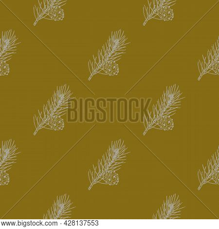 Seamless Pattern With Single-leaf Pinyon Branch. Hand Drawn Vector Illustration