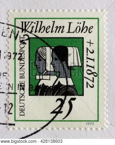 ZAGREB, CROATIA - SEPTEMBER 13, 2014: Stamp printed in Germany showing Deaconess sisters, Death Centenary of Wilhelm LÃ¶he, founder of the Deaconesses Training Institute at Neuendettelsau, circa 1972