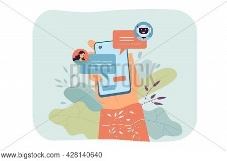 Woman Chatting With Online Chat Bot Flat Vector Illustration. Hand Holding Mobile Phone. Talk, Bot C