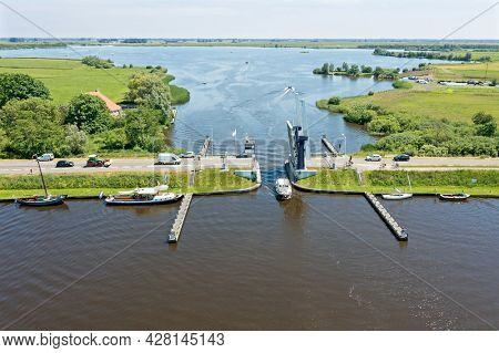 Aerial at the Heerenzijl bridge at the Sneekermeer in Friesland the Netherlands