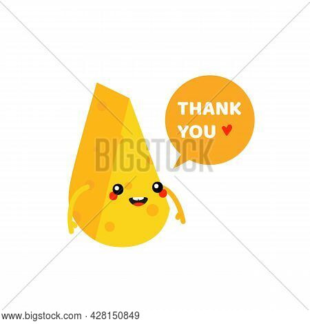 Cute Smiling Cartoon Style Cheese Chunk, Dairy Product Character With Speech Bubble Saying Thank You