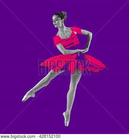 Young Beautiful Graceful Ballerina In Drawn Dress, Outfit Or Tutu Isolated On Purple Background. Ill