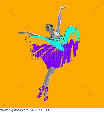 Young Beautiful Graceful Ballerina In Drawn Dress, Outfit Or Tutu Isolated On Yellow Background. Ill