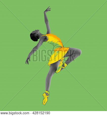 Young Beautiful Graceful Ballerina In Drawn Dress, Outfit Or Tutu Isolated On Green Background. Illu