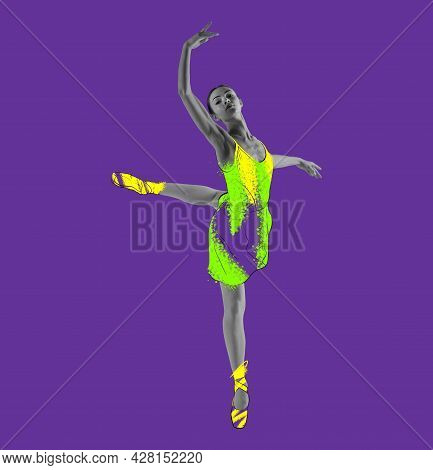 Young Beautiful Graceful Ballerina In Drawn Dress, Outfit Or Tutu Isolated On Purple Background. Ill