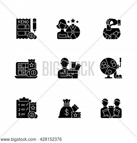 Gambling Game Types Black Glyph Icons Set On White Space. Quiz Show. Keno Game. Raffle. Lottery Agen