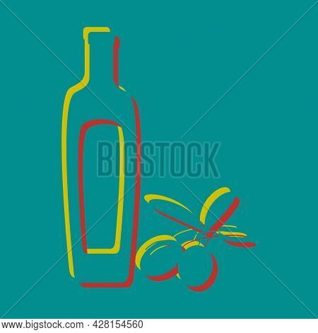 Black Olives Branch With Olive Oil Bottle Sign. Pseudo 3d Embossed Icon With Citrine And Persian Red