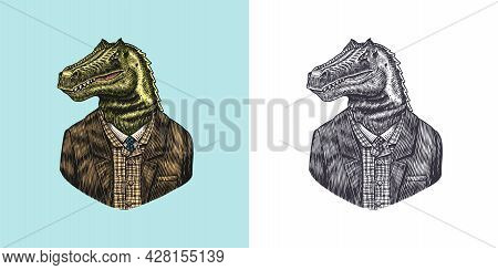 Dinosaur Character In Coat. Allosaurus Tyrex Gentleman. Fashionable Animal, Vitorian Gentleman In A 
