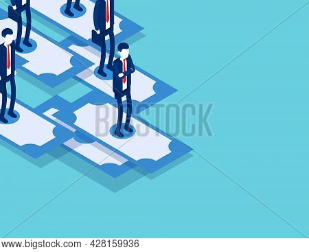 Business Team Standing On Flying Notebank. Business Financial Concept