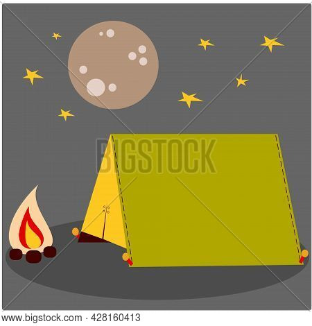 Illustration Of Spending The Night In A Tent. Camping. Rest In A Tent Under The Moonlight With Stars