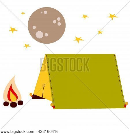 Illustration Of Resting In A Tent. Camping. Rest In A Tent Under The Moonlight With Stars. Tourism. 