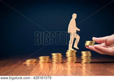 Return On Investment, Growing Savings Or Wage Income Concept. Coins And Wooden Person Going On Incre