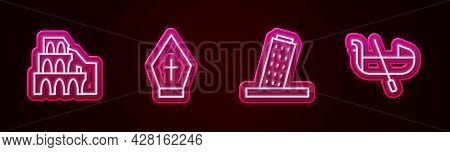 Set Line Coliseum In Rome, Pope Hat, Tower Pisa And Gondola. Glowing Neon Icon. Vector