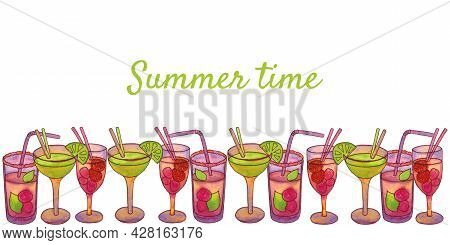 Summer Frame Banner With Cocktails. Place For Inscription. Classic Tropical Cocktails. Mixed Non-alc