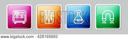 Set Line Biosafety Box, Experimental Animal, Test Tube And Flask And Magnet. Colorful Square Button.