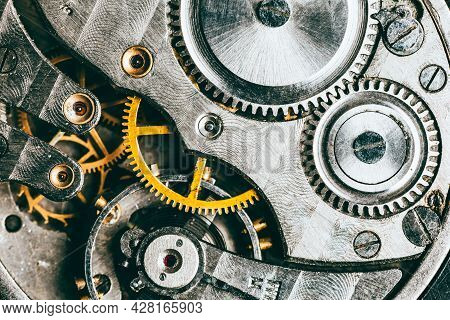 Clockwork Background. Close-up Of Old Clock Watch Mechanism With Gears
