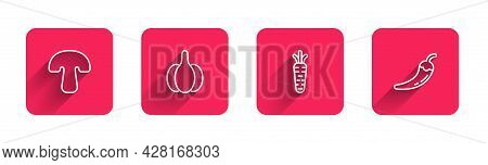 Set Line Mushroom, Garlic, Carrot And Hot Chili Pepper Pod With Long Shadow. Red Square Button. Vect
