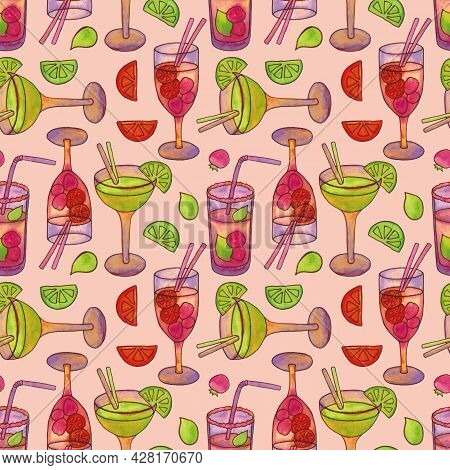 Seamless Pattern With Cocktails With Straws And Fruit. Mixed Non-alcoholicdrink. The Illustration Is