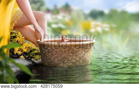 Baby Moses In A Basket Floating In A River Found By Egyptian Princess. Biblical Theme Concept.