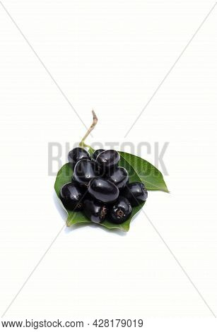 Jamun Or Java Plum Isolated On White Background With Leaves, Also Known As Malabar Plum Or Jambolan 