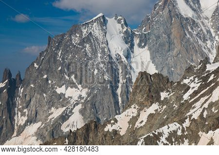 View Of The Italian Side Mont Blanc Summer Landscape. Monte Bianco Is The Highest Peak Of European W