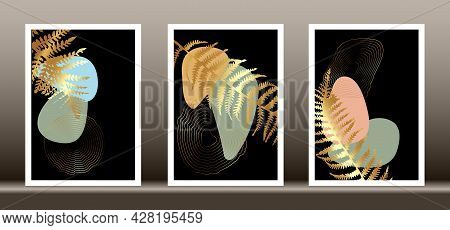 Botanical Wall Art Vector Set. Gold Tropical Fern Foliage Line Art Drawing With Abstract Shape, Abst