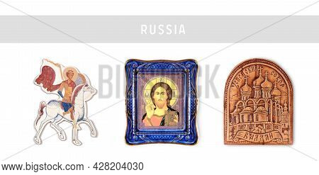 Souvenirs (magnets) From Russia Isolated On White Background. The Inscription Means 